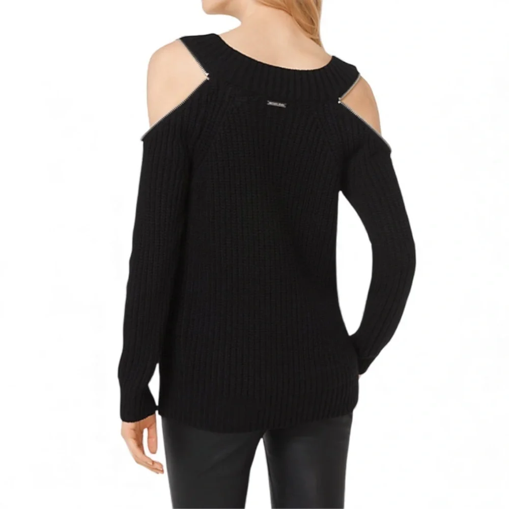 Michael Kors Black Chunky Knit Zip Cold Shoulder Sweater